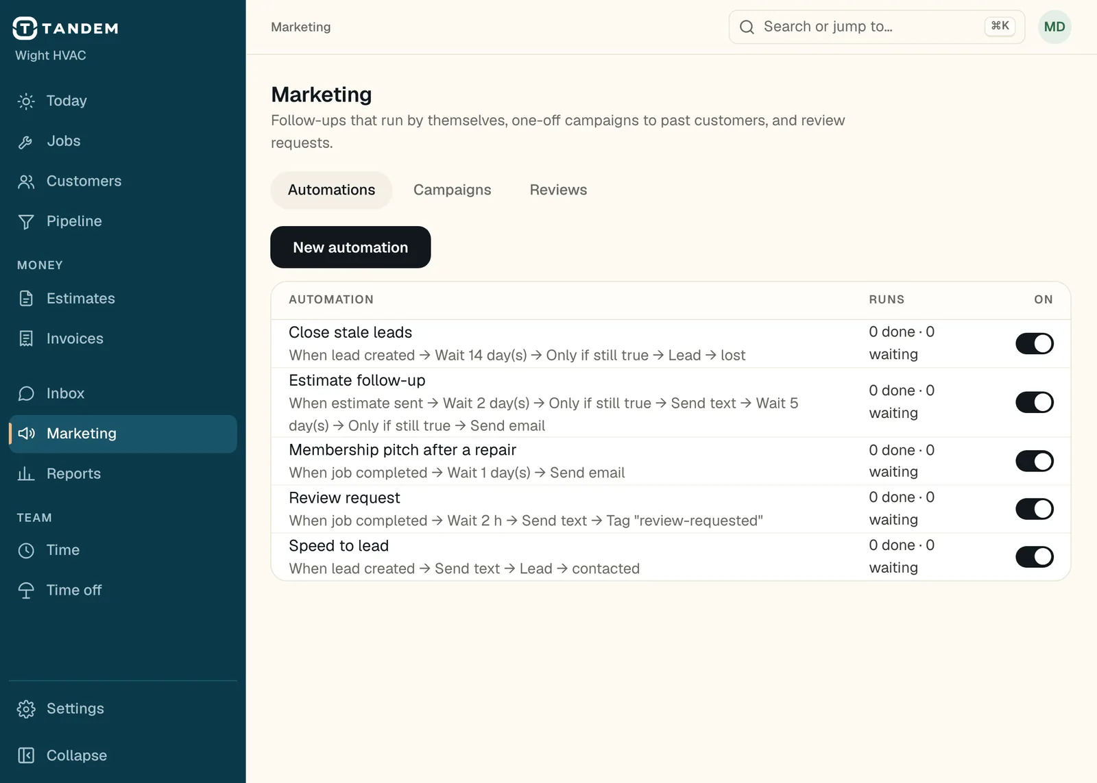 Marketing, Automations tab (demo data): Close stale leads, Estimate follow-up, Membership pitch after a repair, Review request and Speed to lead, all switched on, each with its steps written out.