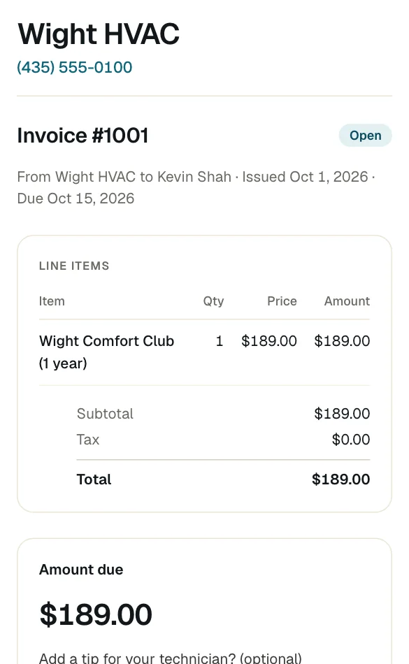 A customer's phone showing invoice #1001 for $189.00 with tip options (no tip, 10, 15 or 20%) and Pay by card.