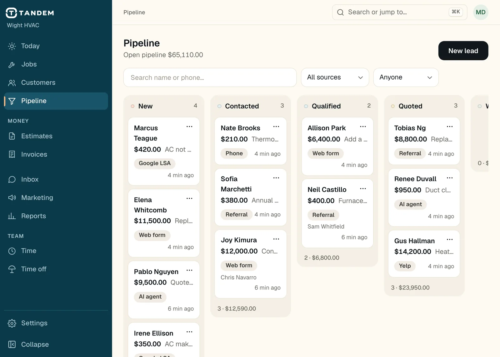 The Pipeline board for Wight HVAC (demo data): leads in New, Contacted, Qualified, Quoted and Won columns, each card showing the person, the job, its source (Google LSA, Web form, Referral, Phone) and its value.