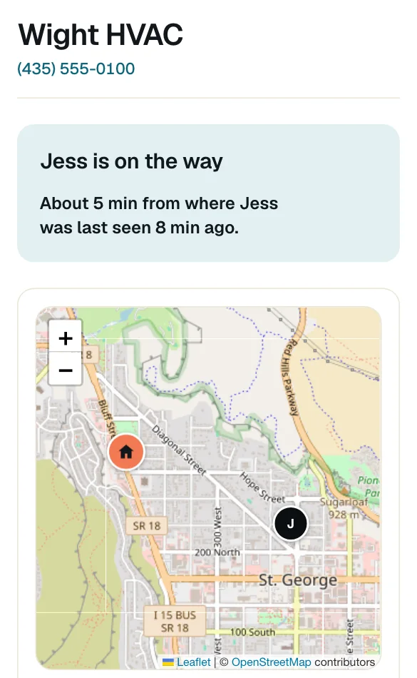 A customer's phone (demo data): 'Jess is on the way', about 5 minutes away, above a live map showing the technician and the service address.