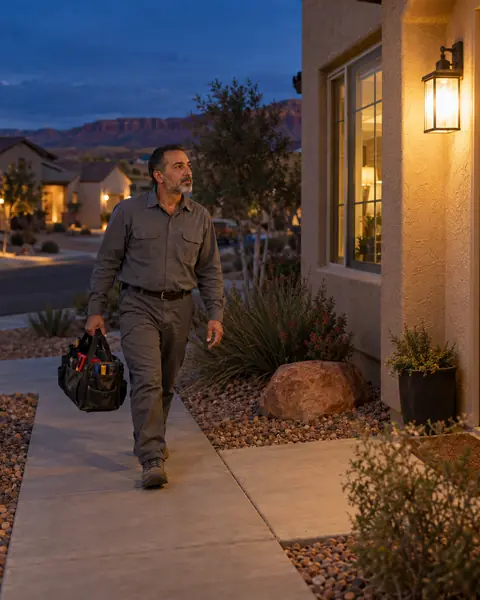 An electrician walking toward a home with a lit porch at dusk