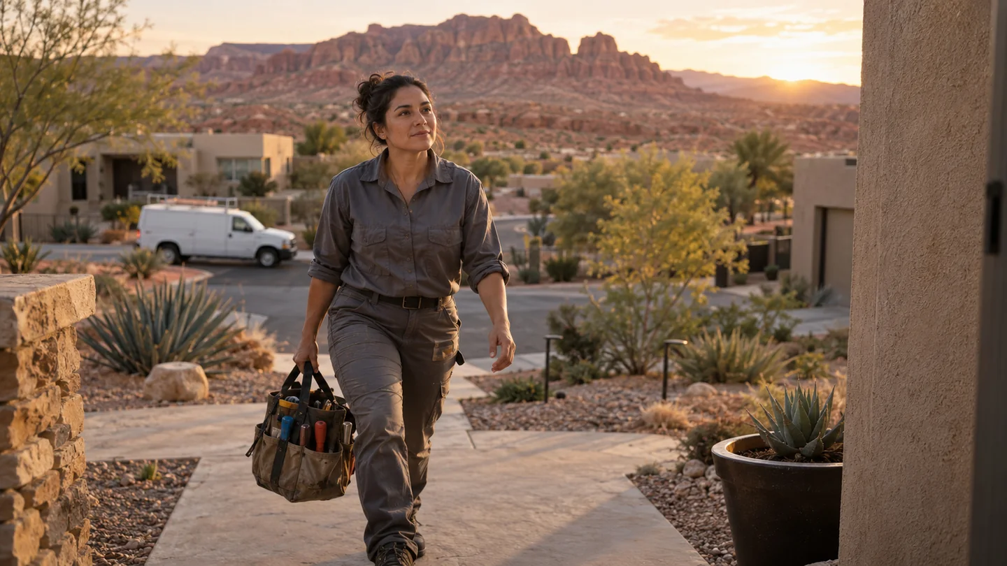 A plumber in gray workwear carries a canvas toolbag up the front walk of a desert home at golden hour, red rock bluffs and a work truck behind