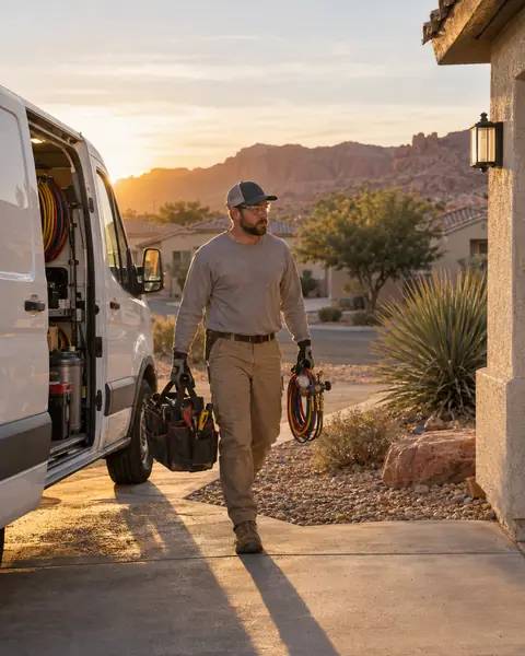 An HVAC technician carrying a tool bag and gauge hoses past his open van at golden hour