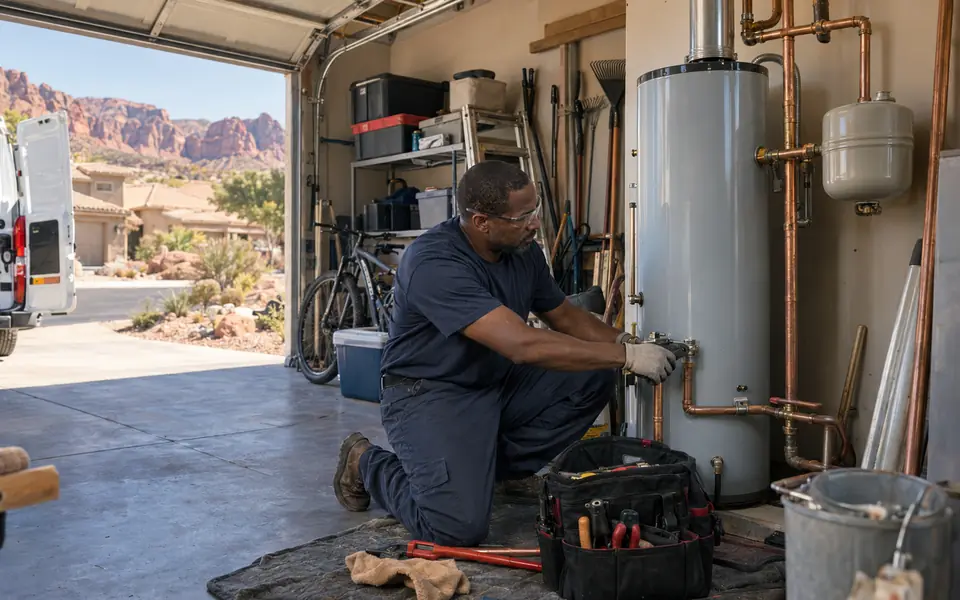 A plumber kneeling to connect a new water heater in a two-car garage with the door open to red rock cliffs