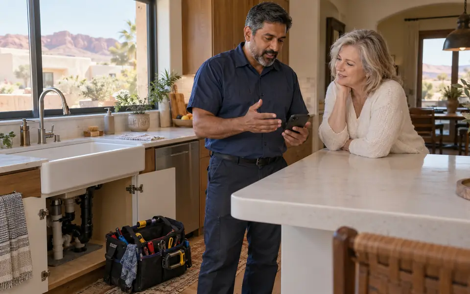 A plumber at a kitchen counter showing a homeowner a quote on his phone