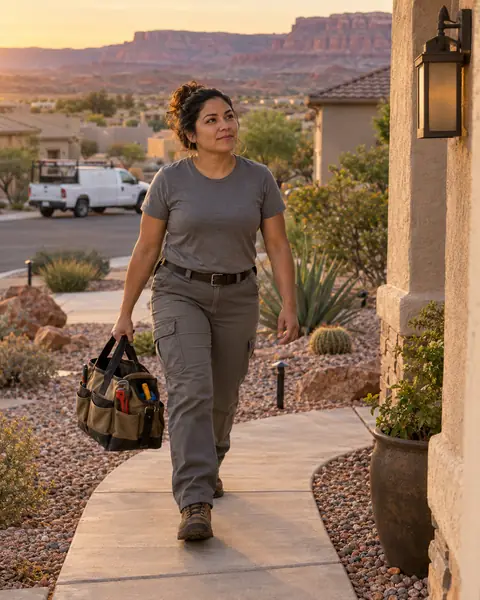 A plumber carrying a canvas toolbag up a front walk at golden hour